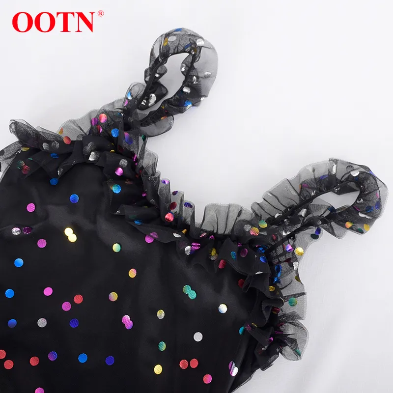 OOTN Black Sexy Mesh Short Party Dresses Spring Sequin Polka Dot High Waist Dress Ruffles Spaghetti Strap Women Dress 220511