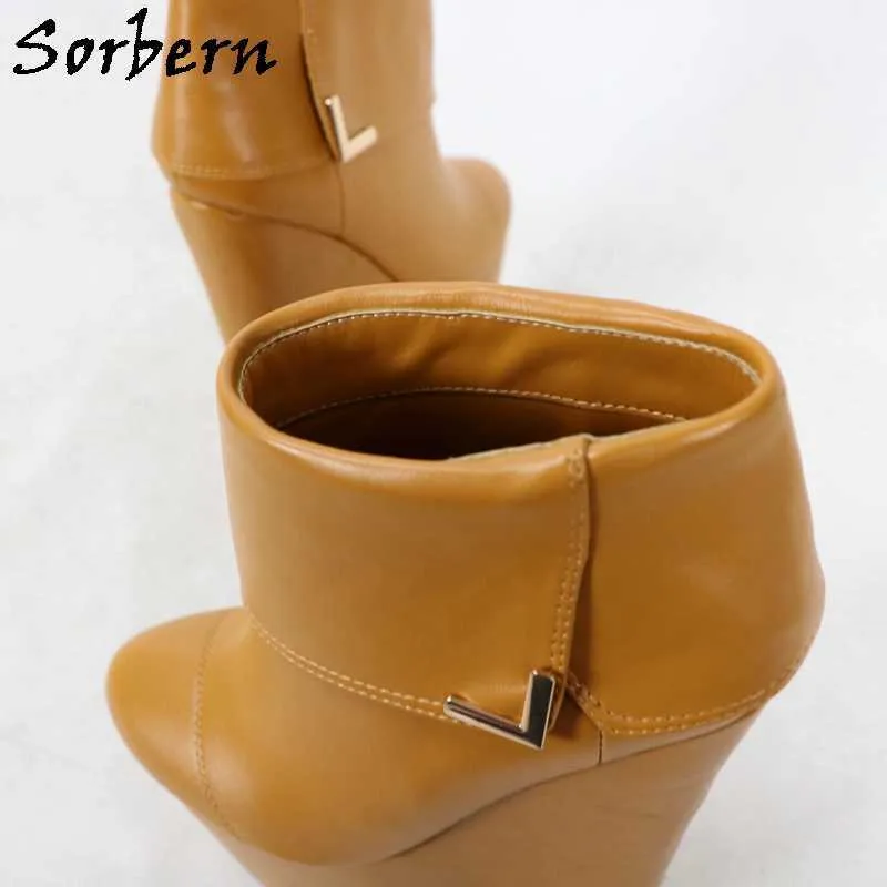 Sorbern Brown Wedges Short Booties Tjock plattform Turn Over Ladies High Heel Shoe för kvinnor 2021 Anpassade färger