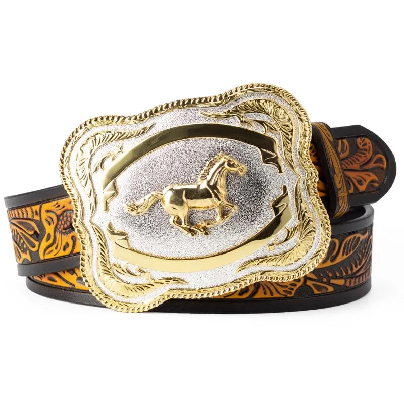Bälten Big Alloy Buckle Golden Horse Leather Belt Cowboy Leisure for Men Floral Pattern Jeans Accessories Fashion157T