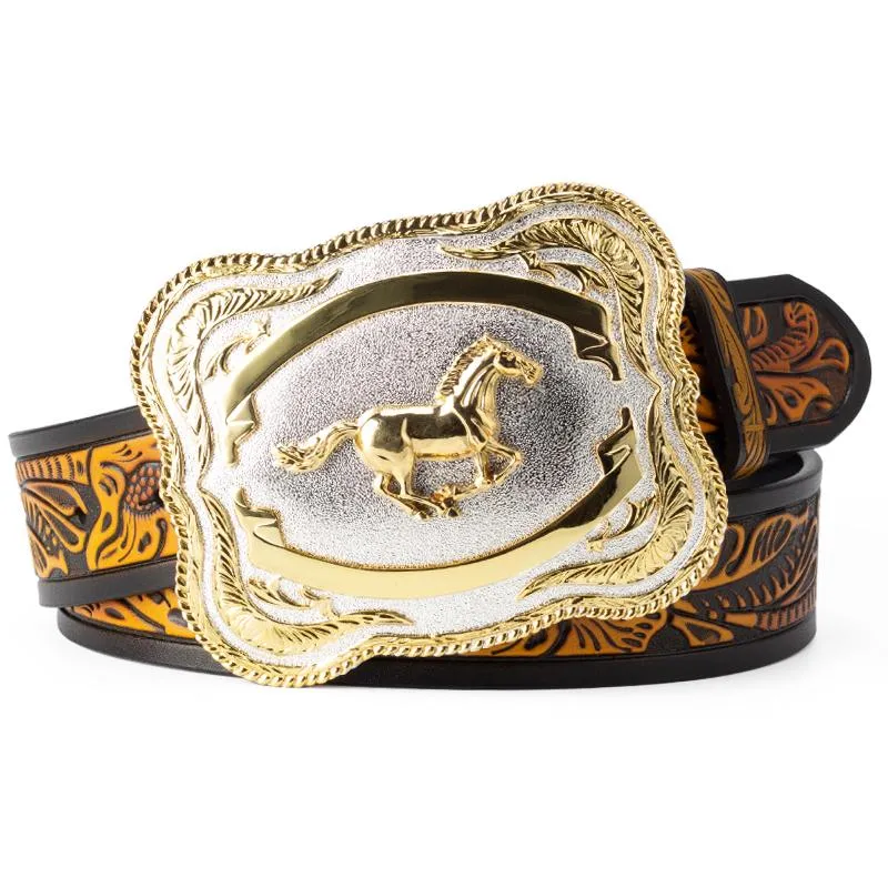 Cintos grandes liga de fivela de fivela de cavalo dourado cinto de couro de cowboy lazer para homens Jeans Floral Pattern Acessórios Fashion2917