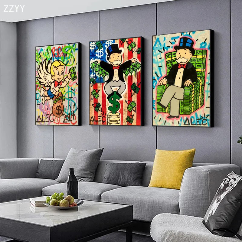 Graffiti Artworks Alec Monopoly Rich Man Dollars pieniądze Pop Art Canvas Plakat malarstwo kreskówka Street Art Wall Pictrue Home Decor9620513