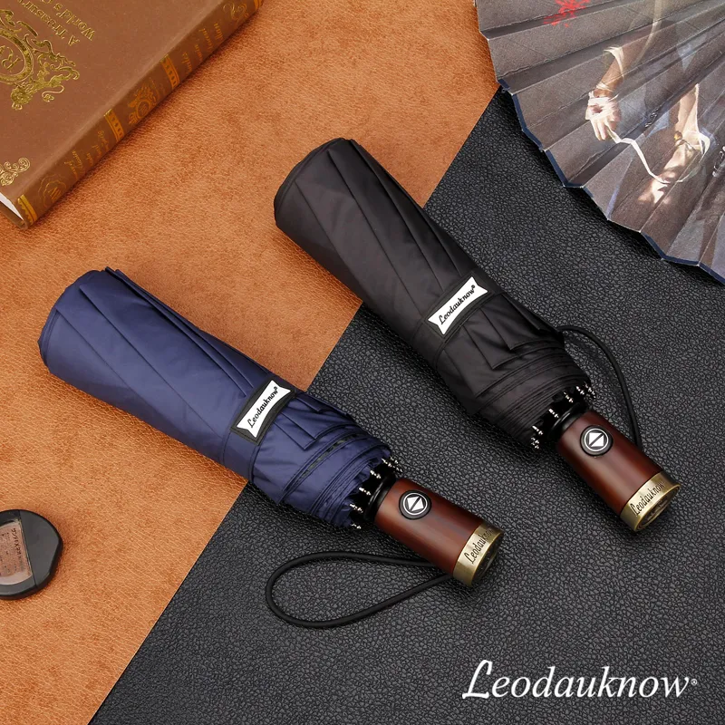 Leodauknow Business completamente automatico tre pieghevoli antivento manico in legno massello con ombrello soleggiato e piovoso da uomo in metallo 220426