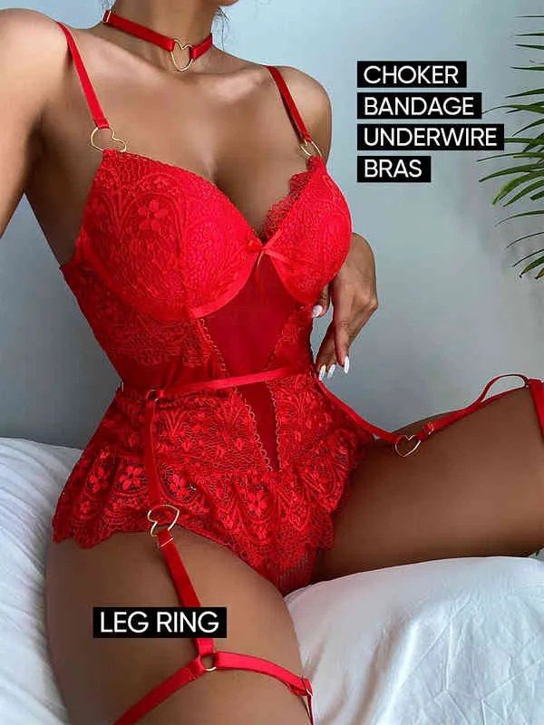 Mature Women Sexy Lingerie Bondage Garter Choker Leg Straps Lace-up Valentines Day Lace Luxury Exotic Long Corset Red