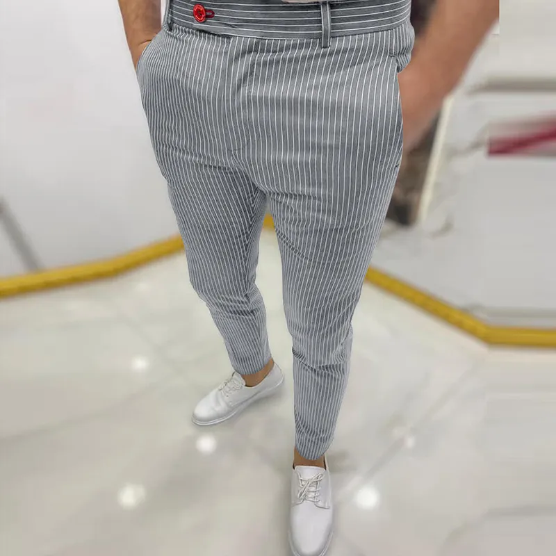 Spring Autumn Mid Waist Skinny Long Pants Business Casual Men's Slim Trousers Fashion Striped Printing Pencil For Men 220325