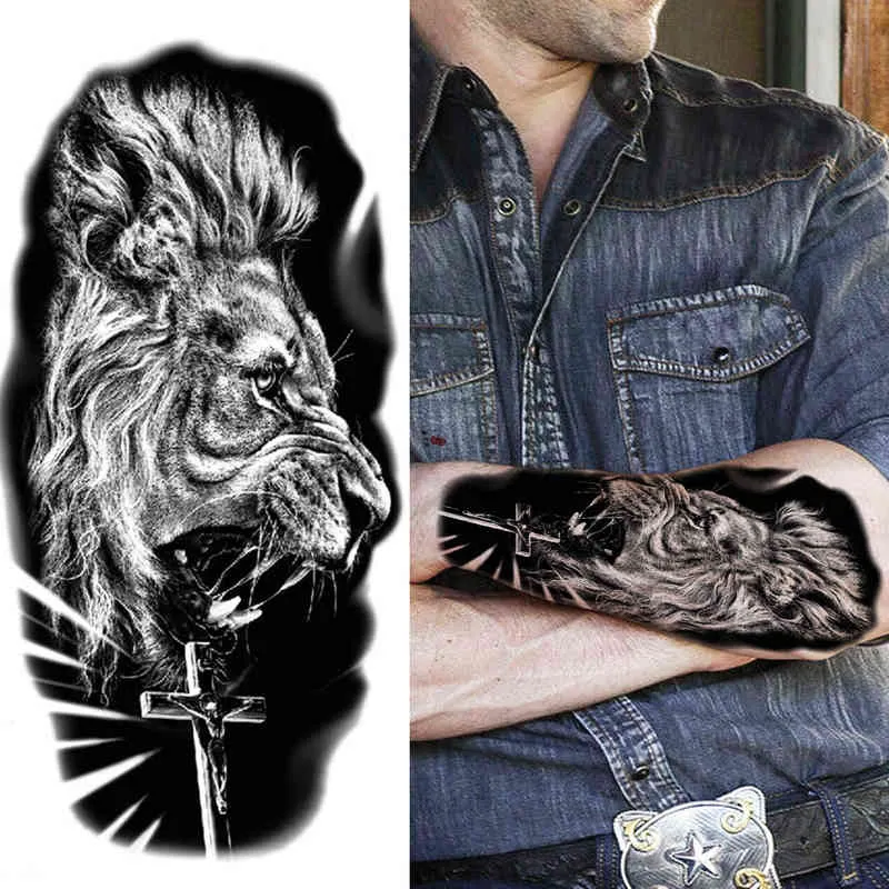 NXY Geçici Dövme Orman Tiger S Erkekler Kadınlar Için Çocuklar Aslan Kafatası Çapraz Sticker Siyah Pusula İskeleti Tatoos Bacak Uyluk 0330