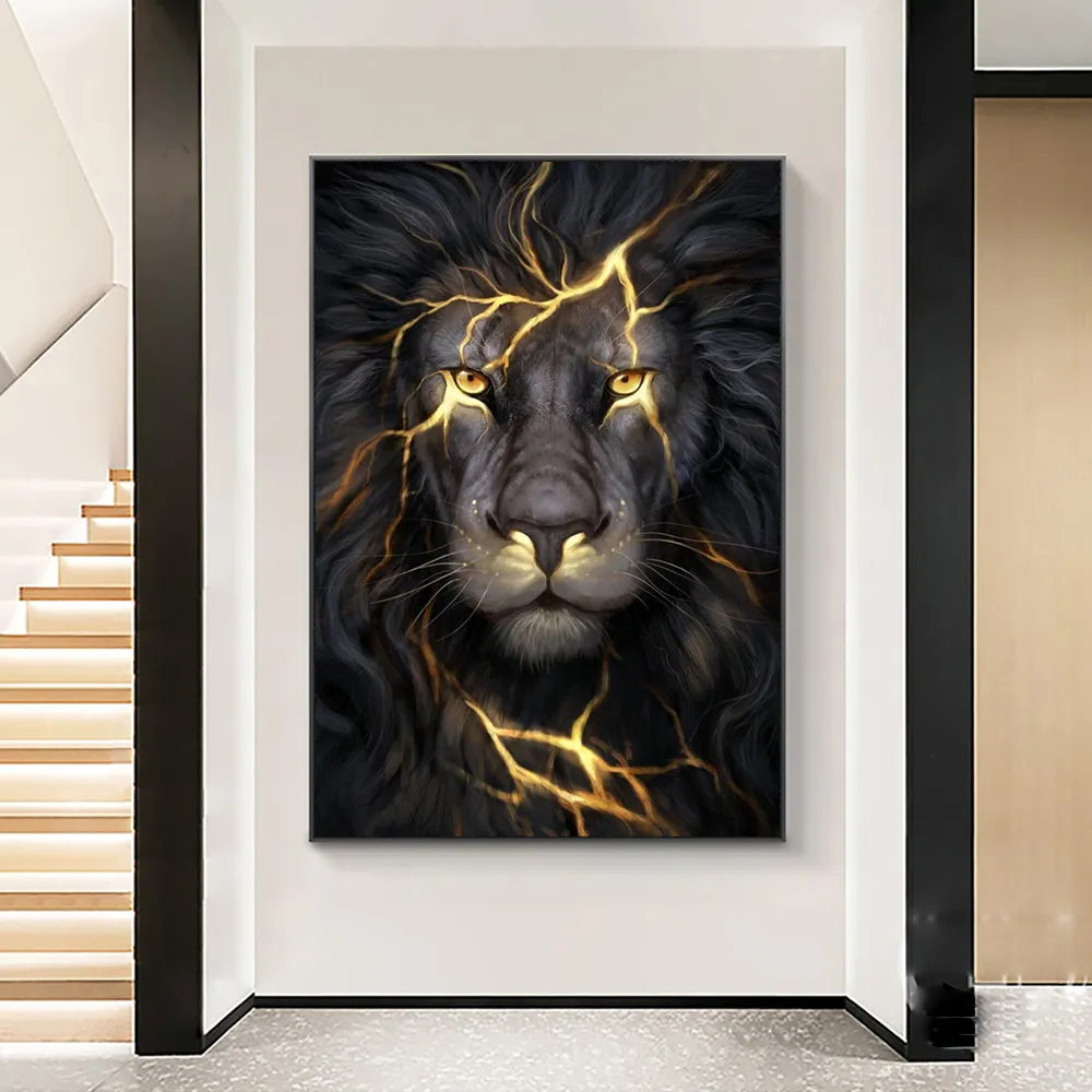 Wall Art Posters Zwart en Golden Light Lion Canvas schilderen Modern Animal Picture for Living Room Home Decoratie geen frame