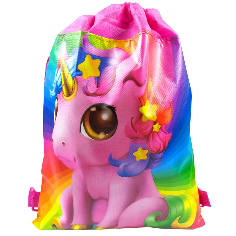 10st / Girls Favors Lovely Unicorn Mochila Non-woven Fabrics Födelsedagsfest Baby Shower Decorate Flower Drawstring Gifts Väskor 220420