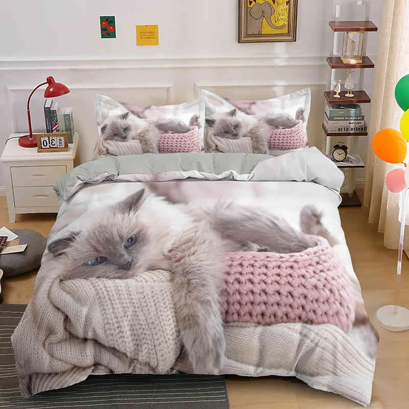 Lovely Sleeping Cat Bedding Set Soft Duvet Cover with Pillowcase for Kids Adults 2/Pet Animal Bedclothes 14 Sizes