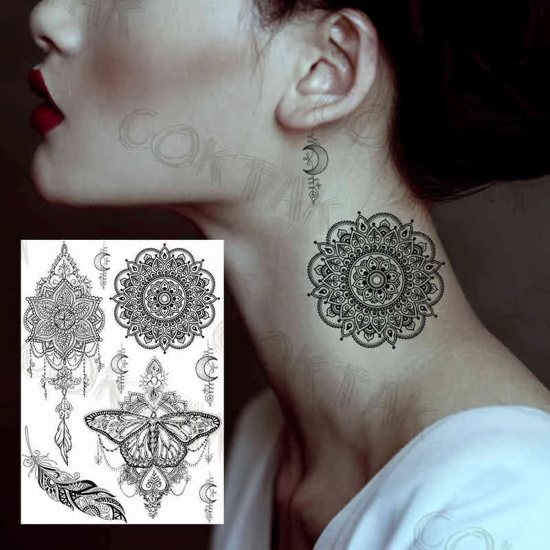 NXY Tillfällig tatuering Sexig Svart Henna Tatueringar För Kvinnor Flickor Konst Konst Dekoration Fake Smycken Kedjor Vattentät Mandala Flower Tatoos Kit 0330