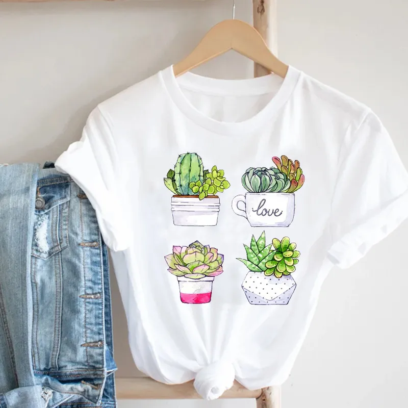 Kvinnor som trycker på tecknad växtfjäder sommar 90 -tal Mujer Camisetas Girl Fashion Clothes Print Tee Top Tshirt Kvinnlig grafik 220527