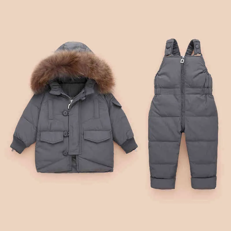 어린이 다운 의류 세트 2020 실제 모피 칼라 아이 겨울 다운 재킷 유아 여자 따뜻한 전반적인 아기 소년 다운 재킷 J220718