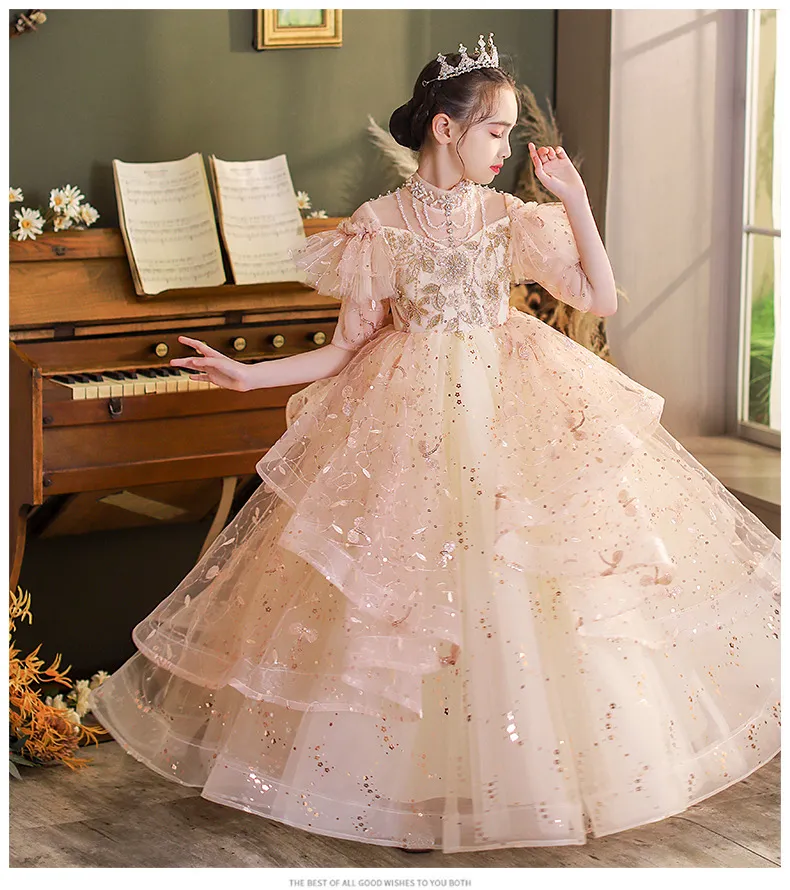 2022 Princess Pink Crew Neck A Line Tulle Flower Girl Robes For Wedding with Gold Sequins Flee Lace Flowers Lace Flowers Girls Rangs de concours