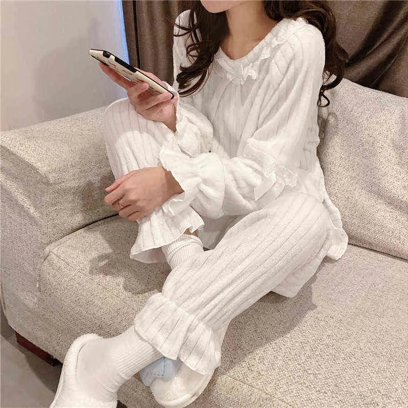 Set pigiama Donna Flanella Rosa Dolce Principessa Kawaii Ispessimento Indumenti da notte Manica lunga O-Collo Moda invernale Home Lounge Wear Ins L220803