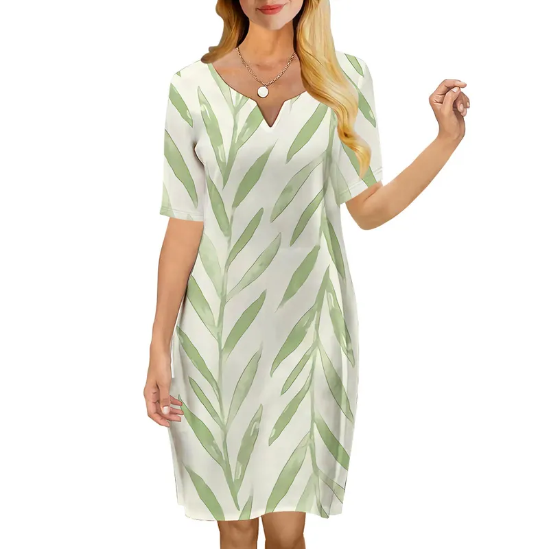 Women Dress Simply Green Leaves Pattern 3D Printed VNeck Loose Casual Short Sleeve Shift Dress for Female Dresses 220616