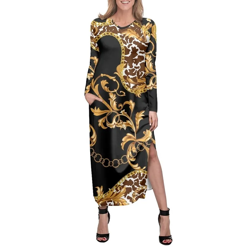 Noisydesigns Luxo Dourado Europa Floral Mulheres Manga Longa Dividir Saia Moda Elegante Senhora Sexy Vestidos Outono Inverno 4XL 220627