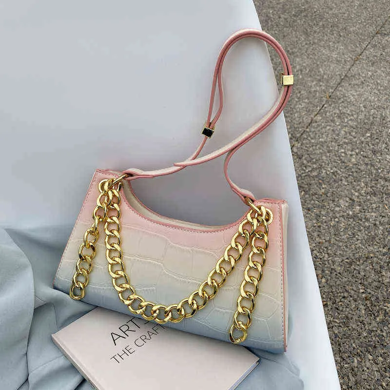 Einkaufstaschen Luxus Frauen Metallkette Regenbogen Farbverlauf Leder Schulter Kleine Handtaschen für Clutches Ladys Crossbody 220316