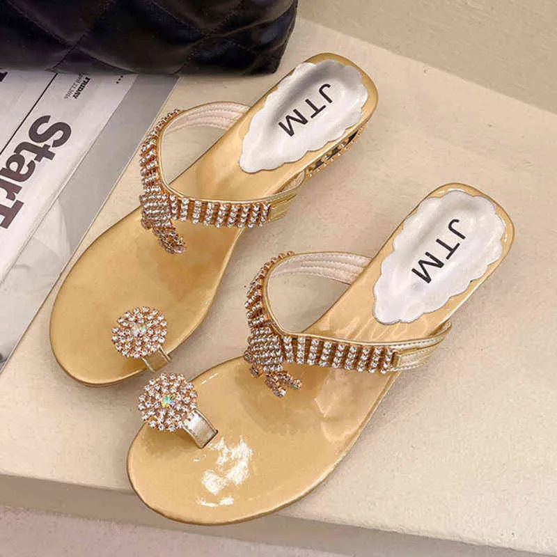Sandales de luxe cristal Clip Toe pantoufles femmes 2022 été frange talons bas femme diapositives épaisses Mujer 220419