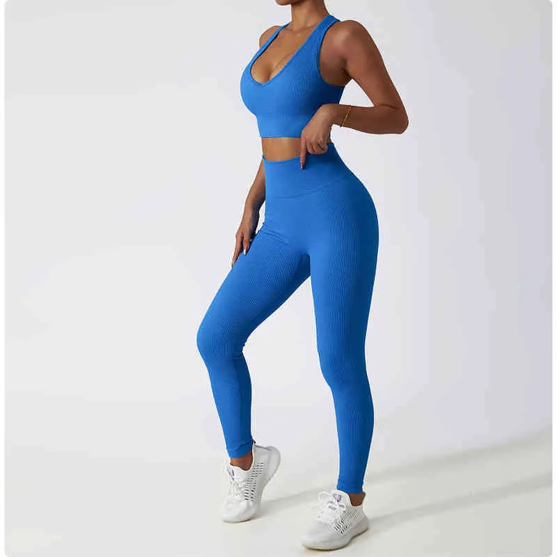 Pieces Seamless Yoga Set Ribbed Workout Outfits for Women Sport Bra High Waist Shorts Leggings Sets Fitness Gym Clothing J220706