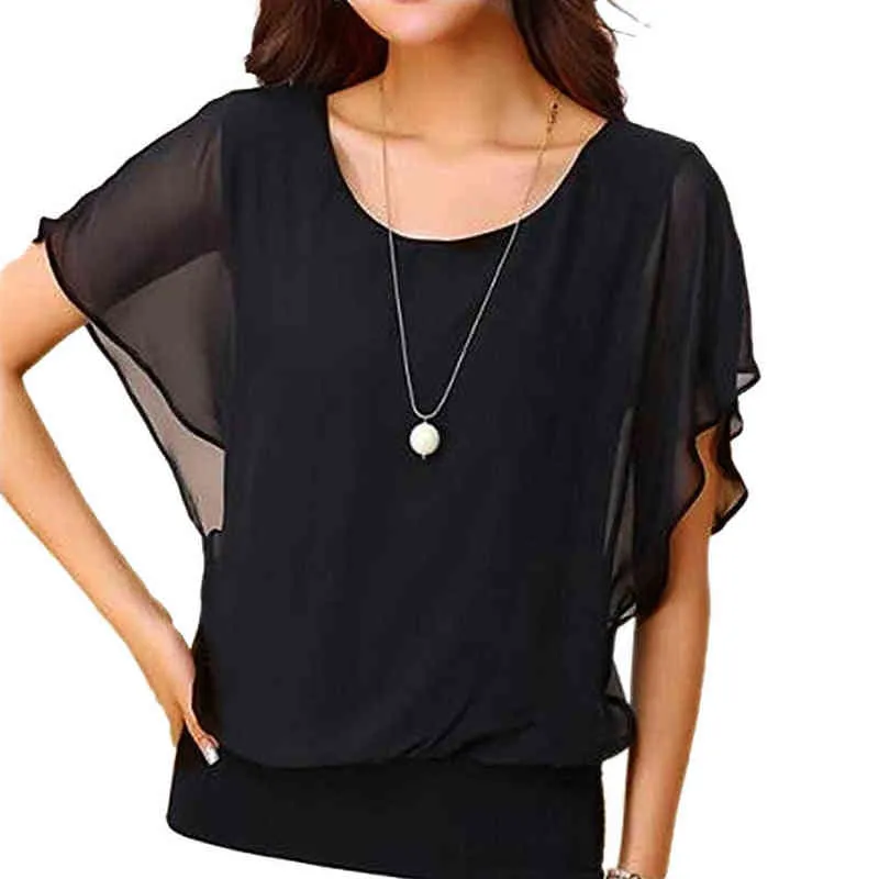 5xl Plus Size Summer Chiffon Bluuses Women Solid Color Batwing hylsa tröjor Casual o-hals Kort ärm Loose Tops L220705