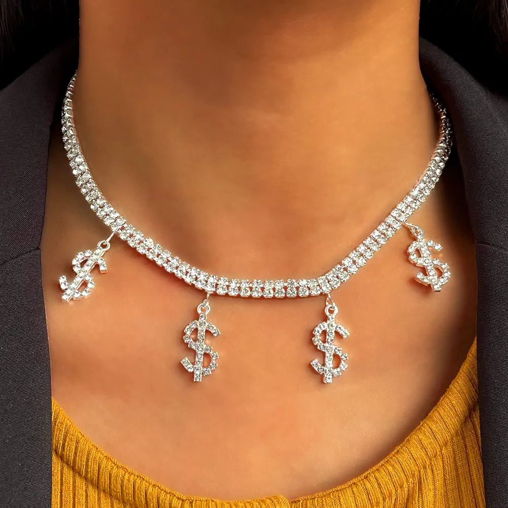 Hip Hop – collier avec pendentif signe de Dollar en cristal glacé pour femmes, strass scintillant, chaîne de Tennis, ras du cou, bijoux à la mode