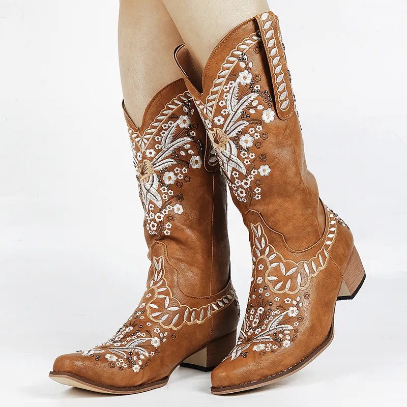 Bonjomarisa Ladies Platform Chunky Cowboy Embroidery Slipw on Western Women sewing Floral Casual Leisure Ridding Boots 220722