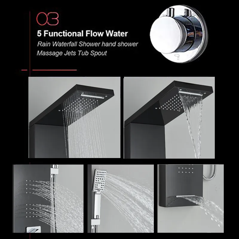Schwarz/gebürstete Badezimmer Duschplatte Turmsystem Wandmontiermixer Tap Hand Duschhahn Spa Massage mit Temperaturbildschirm
