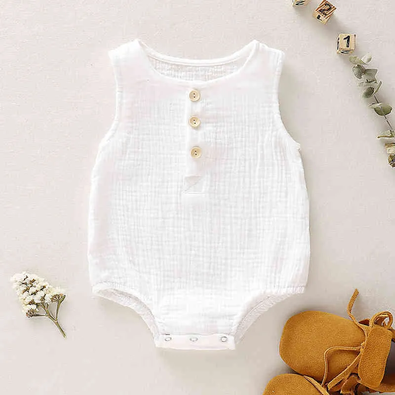 Sommar spädbarn baby pojkar flickor romper muslin ärmlösa nyfödda rommlingar babykläder G220521