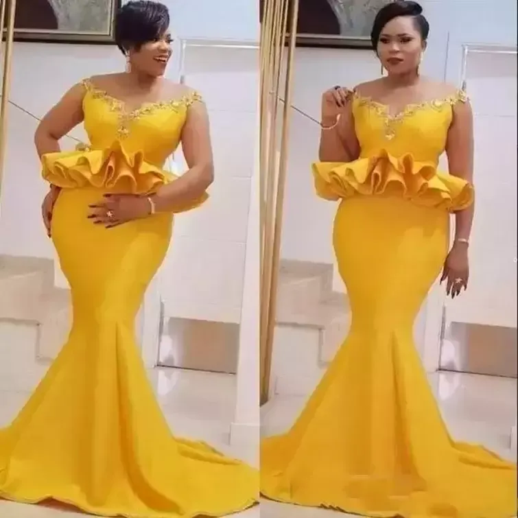 2022 Robe de bal sirène jaune vif, grande taille, en satin, à volants, péplum, robes de soirée Aso Ebi, robe de soirée formelle avec traîne