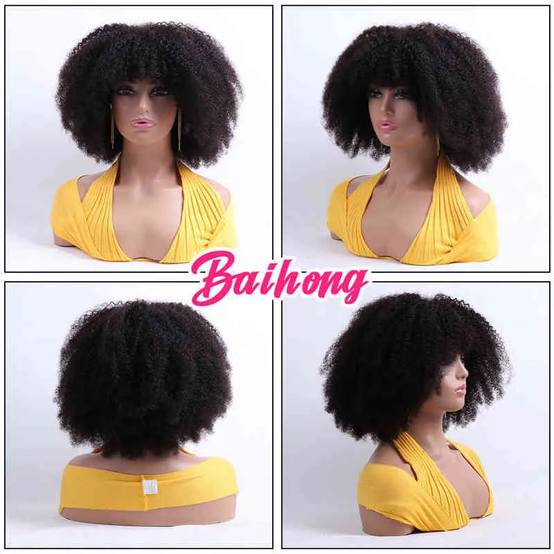 Perruque de Cheveux Humains Pas Cher Avec Une Frange Afro Crépus Bouclés Perruques Brésiliennes Pour Les Femmes Noires Sans Colle Coloré Naturel BAIHONG 220609