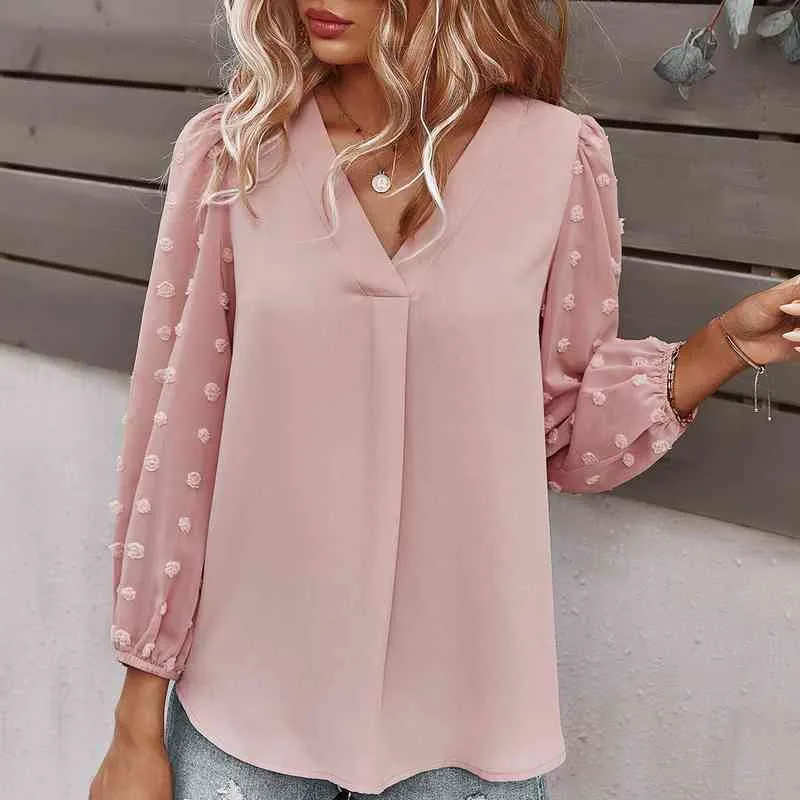 Camicie a maniche lunghe in chiffon a rete trasparente da donna Camicie OL a tinta unita casual Camicette a maniche lunghe con scollo a V Office Lady Top blusas mujer L220705