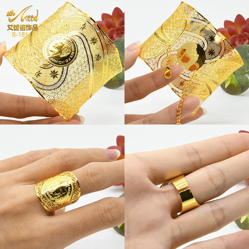 Regulowana bransoletka łańcuchowa Aniid France z pierścieniem dla kobiet Dubai Gold Splated Mankiet Bransoletka Nigeryjska Biżuteria Weselna Prezenty 220726