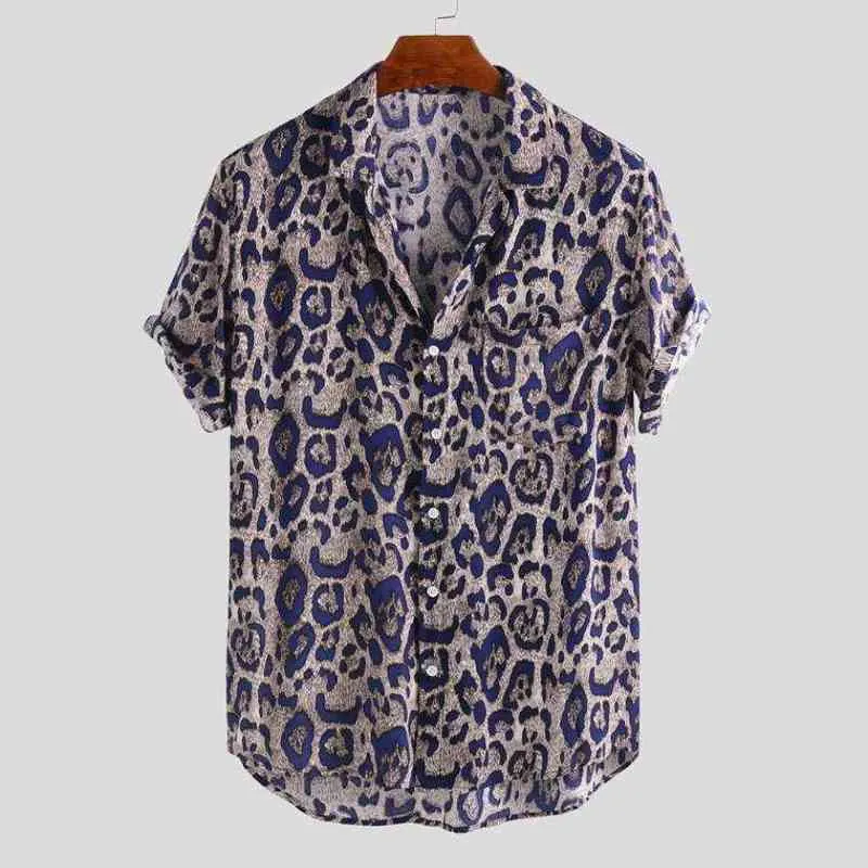 2022 New Short Sleeve Leopard Print Shirt Men Lapel Neck Loose Button Up Blouse Breathable Summer Streetwear Sexy Shirts Men G220511