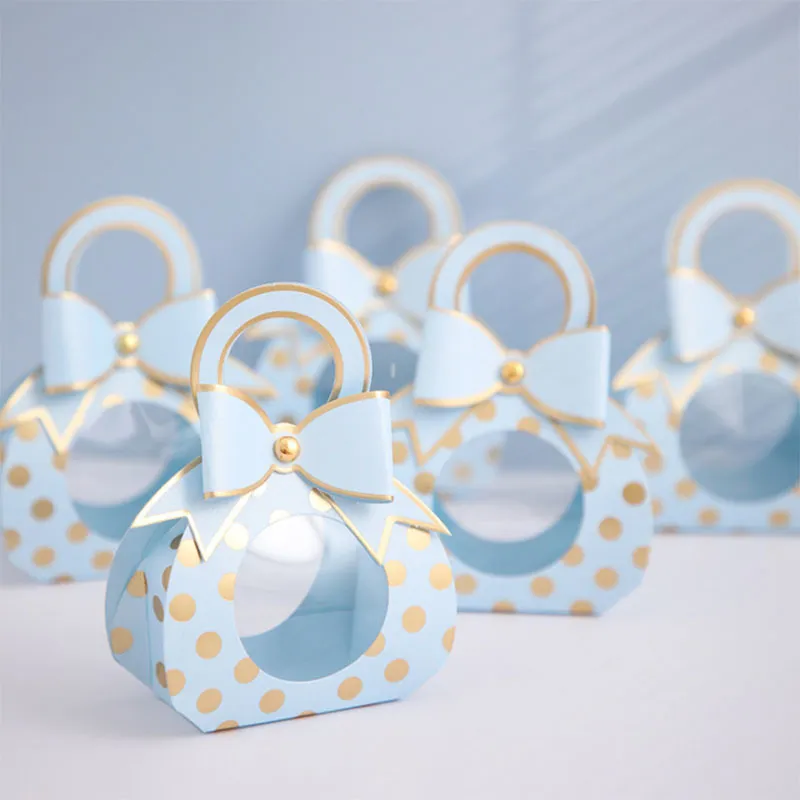 10 pezzi blu rosa bomboniere regalo es finestra trasparente confezione di caramelle scatola di confetti di carta kraft con manico 220705
