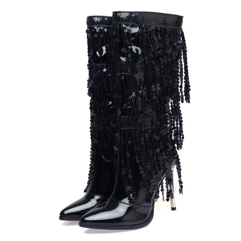 Ribetrini Fashion Point Toe Fringe Sequined Mid Calf Boots For Women Zip Metallic Glitter Sexig Elegant Dress Long Shoes 220813