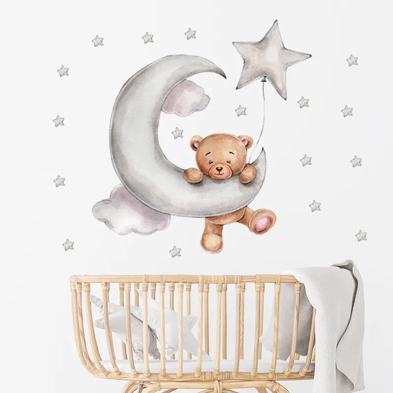 Funny Cute Teddy Bear Kids Room Wall Stickers Baby Nursery Room Decoration Wall Decals Watercolor Style Home Decor Interior 220727