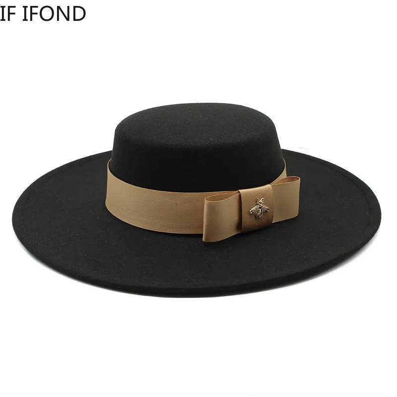 Herbst Winter Französische Damen weiße Bownot Flat Top Fedora Hut 10 cm Brim Bankett Elegant Filzhut Hochzeitskleid Cap 220524261V