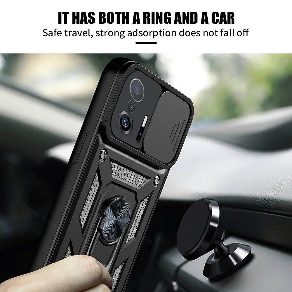 Coque de Protection d'objectif de caméra coulissante, étui antichoc avec anneau de support magnétique pour voiture Xiaomi 11T Pro Mix 4 Redmi 10 Note 11 5g