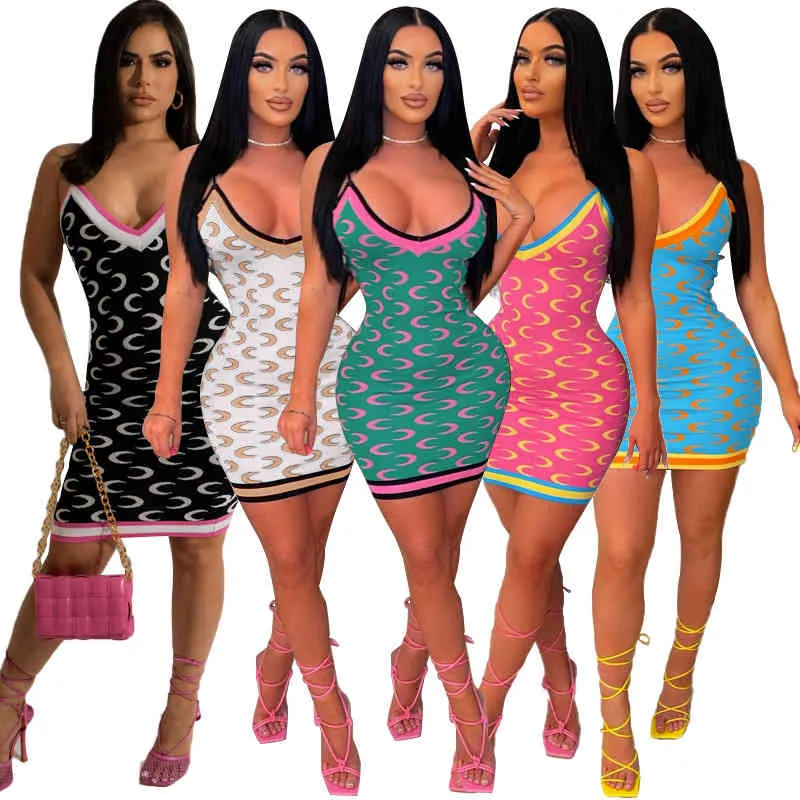 M7489 women's new high elastic moon print low cut Tight Sexy color matching suspender dress