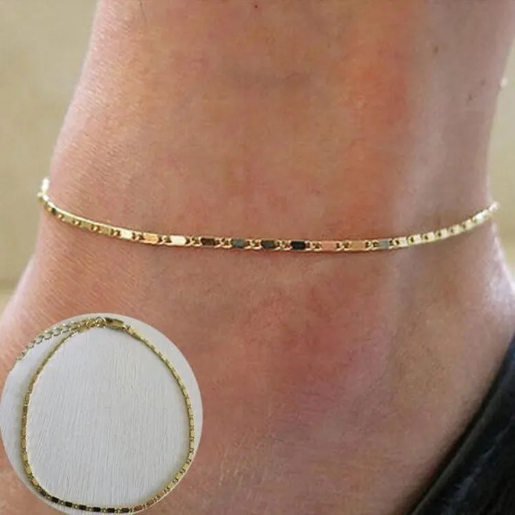 Kobiety prosty złoty łańcuszek na kostkę bransoletka na kostkę boso sandały plaża biżuteria na stopy