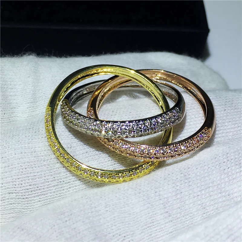 豪華なジュエリーシルブ925トリプルサークルゴールドローズゴールドシルバーリング3色Pave CZ RING WEDED WEDDING FIGENS RINGSギフト220728