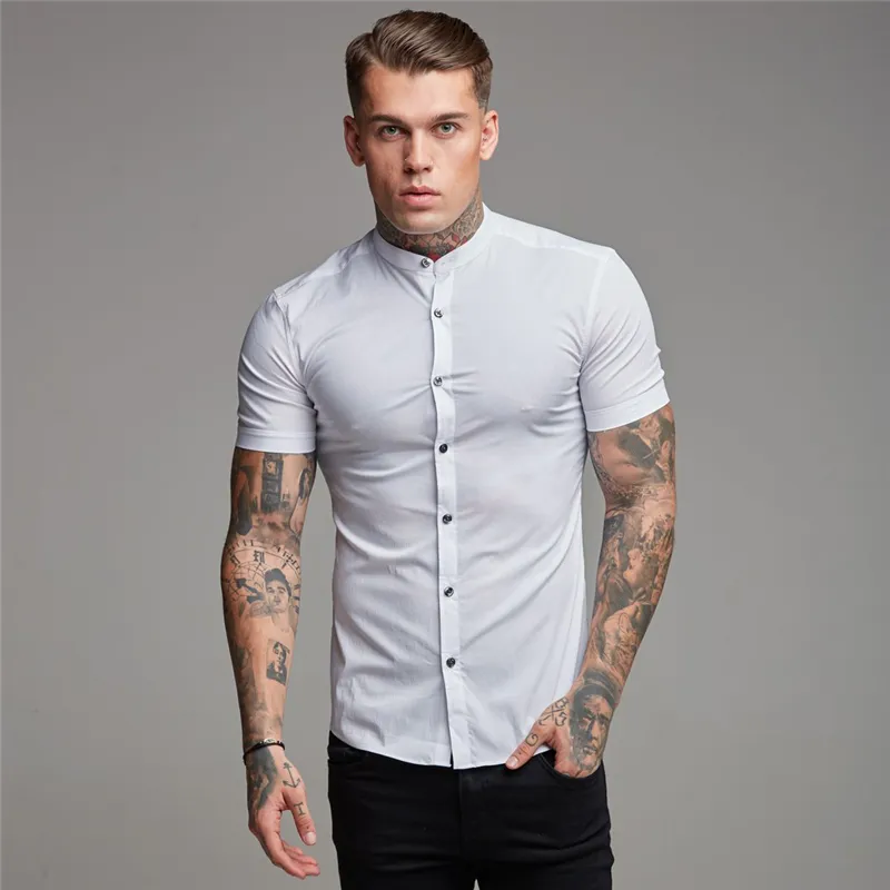 Arrivées été homme chemise à manches courtes solide Fitness hommes col montant Super Slim Fit affaires robe bouton Gym hauts 220322