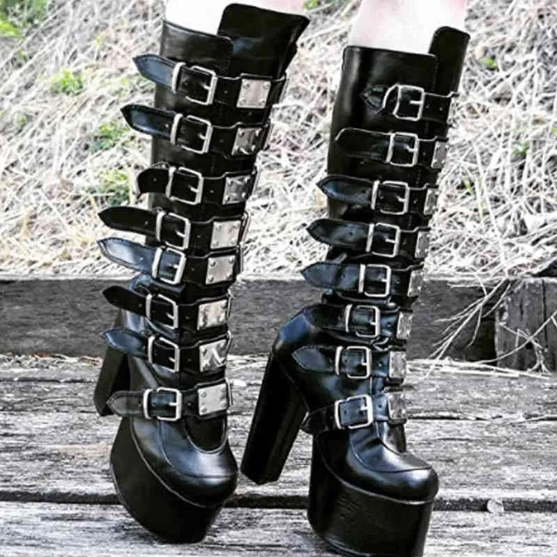 DORATASIA INS Hit Sale Buckle Spike High Heel Mid Cald Platform women's Boots Elegant Trendy Luxury Brand Punk Gothic Shoes Y220817