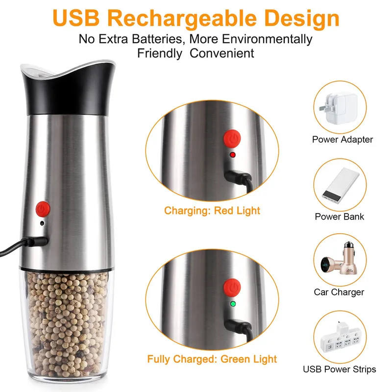 USB Charging Salt and Pepper Grinder Set Gravity Spice Assaising Mild Shaker Réglable Corrue ACTEUR INOXEUX 220510