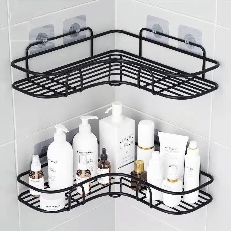 Bathroom kitchen Punch Corner Frame Shower Shelf Wrought Iron Shampoo Storage Rack Holder with Suction Cup bathroom accessories 220527