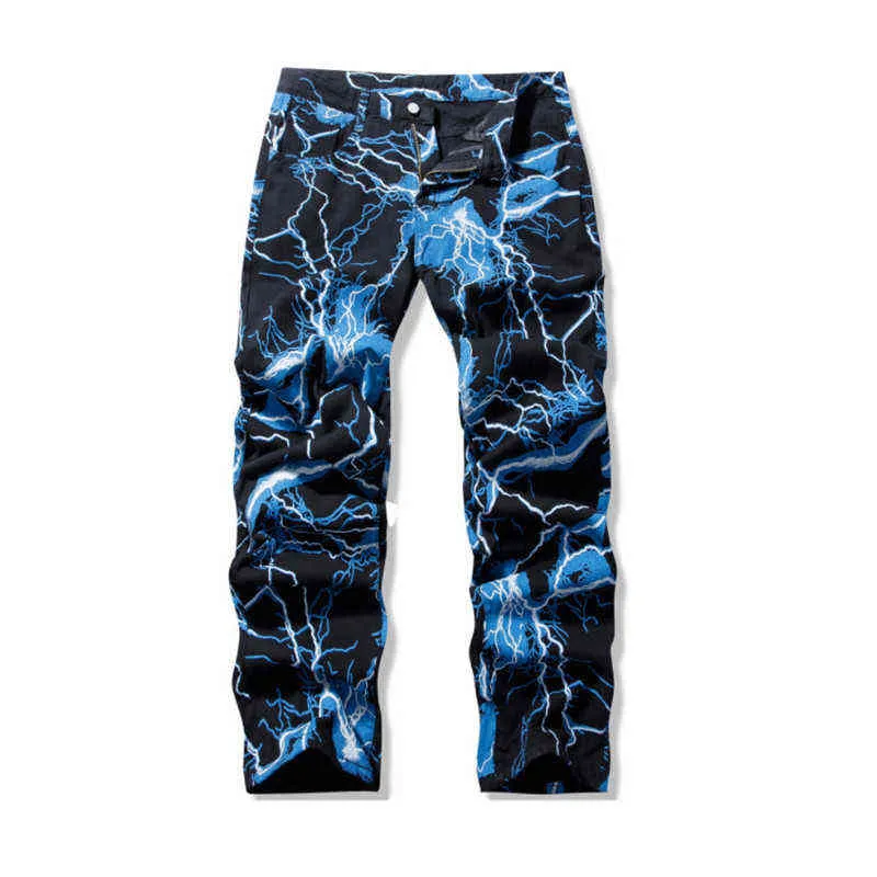 2021 Vibe Style Lightning Print Dye Mężczyźni proste dżinsy Y2K Spodnie Hip Hop Vintage HARAJUKU Kobiety dżinsowe spodnie ropa hombre h22237a