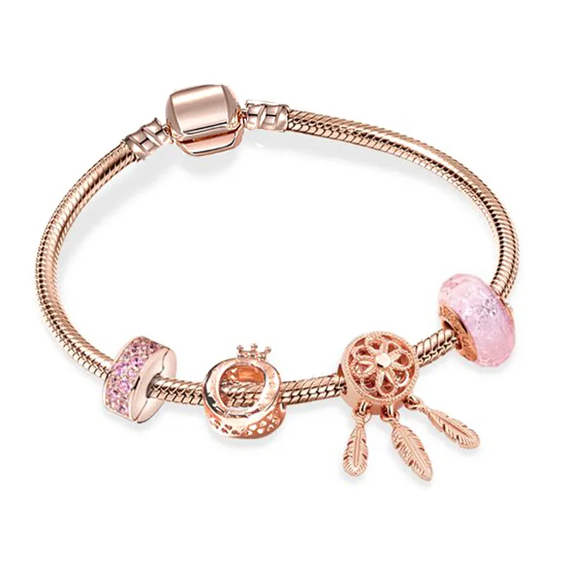 Bracciale in argento sterling con perline Set di gioielli di lusso Mongolfiera in oro rosa Bracciale Pandora originale in forma fai-da-te Regalo con ciondolo a forma di cuore con diamanti le donne 16-21 cm