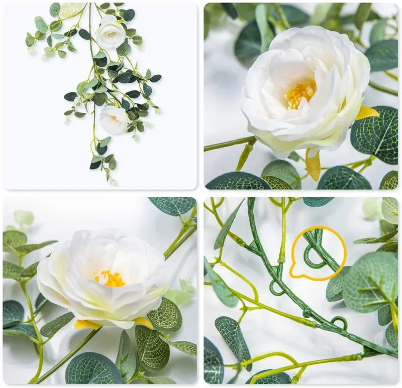 185 cm künstliche Blüten Pflanzen Gefälschte Eukalyptus Girlande Kamelien Seiden Rose Vine Dekoration Kunstblatt Blumen hängen für Hochzeit 2231x