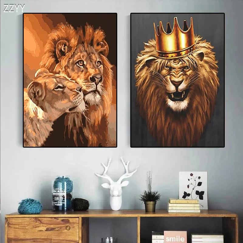 Tierischer König der Löwen mit Krone Poster Cuadros Wandkunst Leinwandgemälde Aquarell Leinwanddruck Bilder für Wohnzimmer Wohnkultur