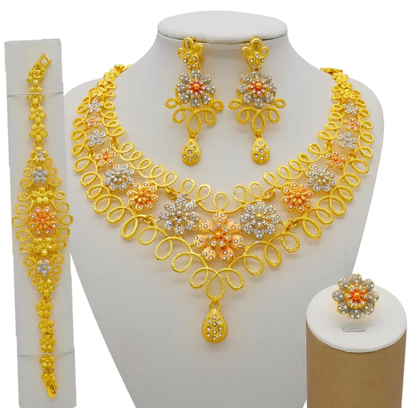Nigeria Dubai Gold Color Fine Flowers Jewelry Sets African Wedding Gifts Party For Women Bracelet Necklace Earrings Ring Set 220922