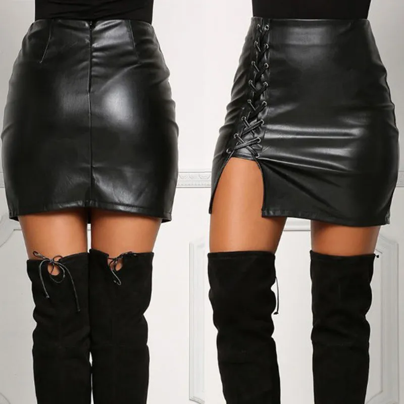 Autumn Ladies Above Knee Black PU Leather Mini Skirts Spring Women High Waist Bodycon Front Split Elegant Short Skirt DS334 220317